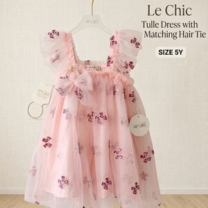 Le Chic Pink Tulle Dress w/ Red/Silver Bow Embroidery w/Hair Tie, S5Y, NWT